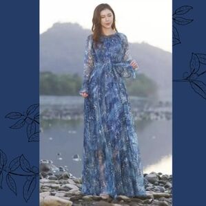 MACHERRY Blue Long Sleeve Gown with Bishop Sleeves for Wedding Guest